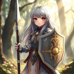 A cute and shy fantasy character, a human girl cleric, with long ash grey hair flowing elegantly