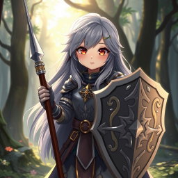 A cute and shy fantasy character, a human girl cleric, with long ash grey hair flowing elegantly