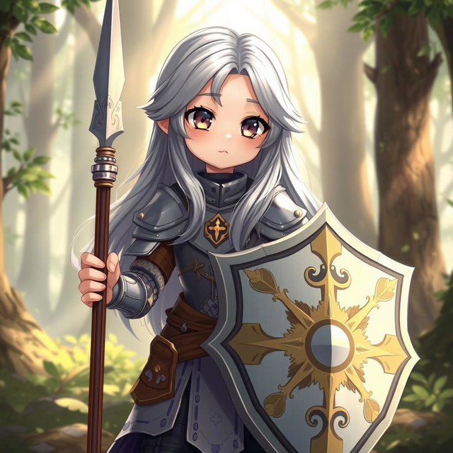 A cute and shy fantasy character, a human girl cleric, with long ash grey hair flowing elegantly