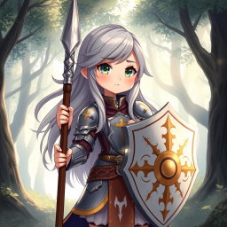 A cute and shy fantasy character, a human girl cleric, with long ash grey hair flowing elegantly