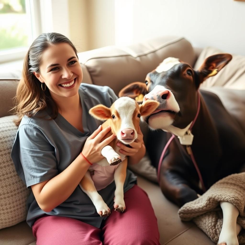 A joyful midwife holding a smiling newborn calf, while the mother cow lies on a couch partially covered with a blanket and smiling