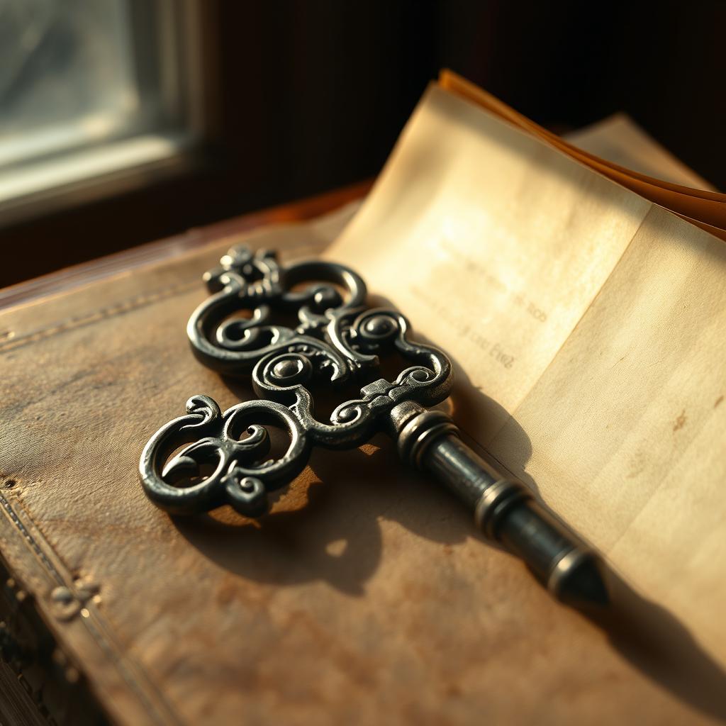 A close-up image of an old, intricate metallic key resting on a dusty, antique book