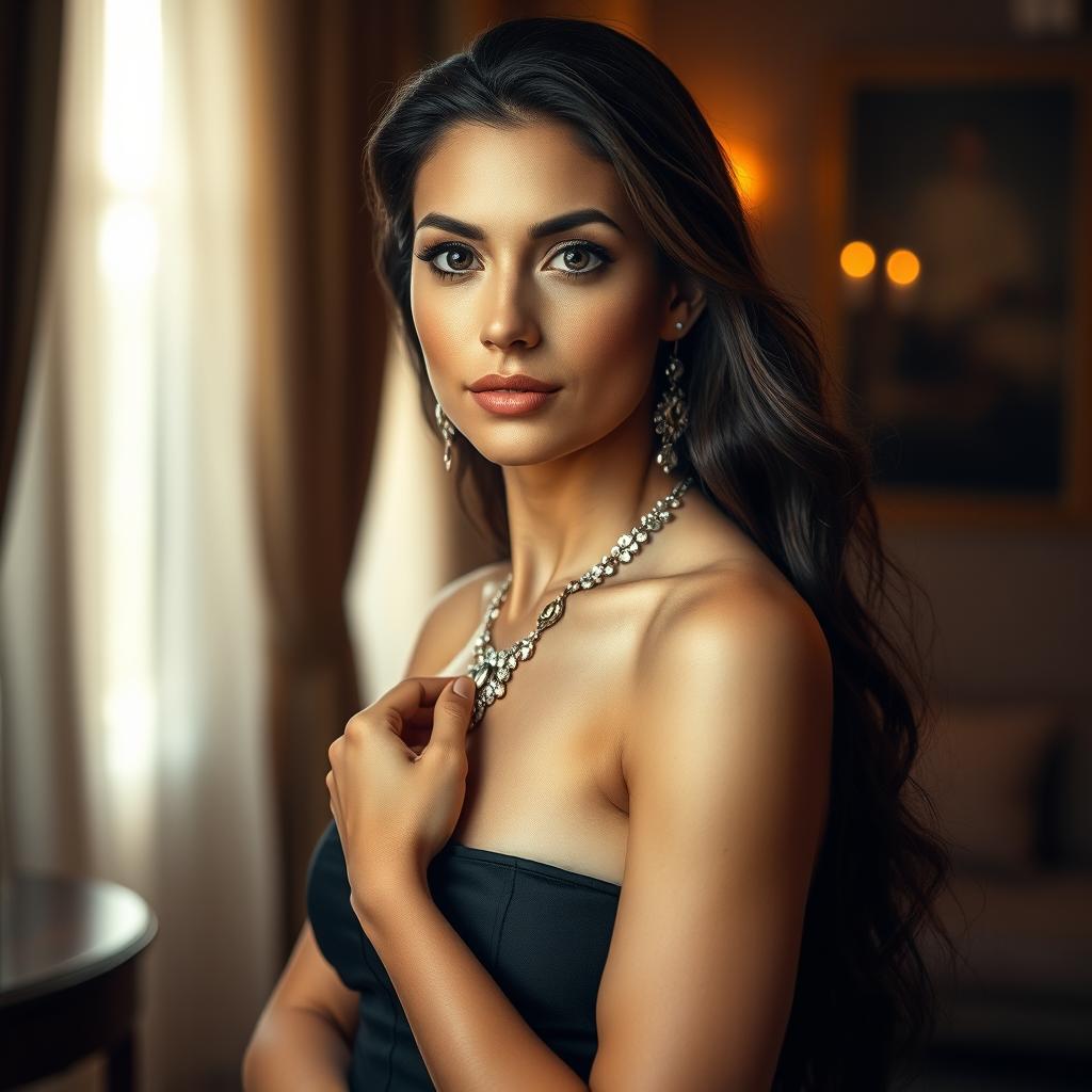 A stunning portrait of a confident, beautiful woman standing in a luxurious, softly lit room
