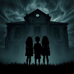 A dramatic silhouette of two girls and a boy standing in front of an eerie, abandoned building