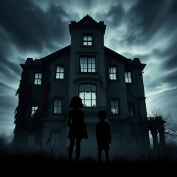A dramatic silhouette of two girls and a boy standing in front of an eerie, abandoned building