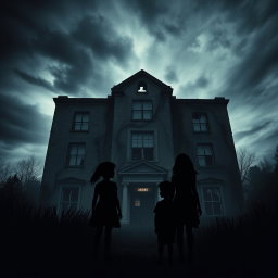 A dramatic silhouette of two girls and a boy standing in front of an eerie, abandoned building