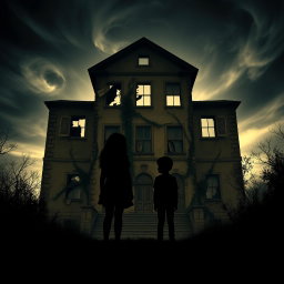 A dramatic silhouette of two girls and a boy standing in front of an eerie, abandoned building
