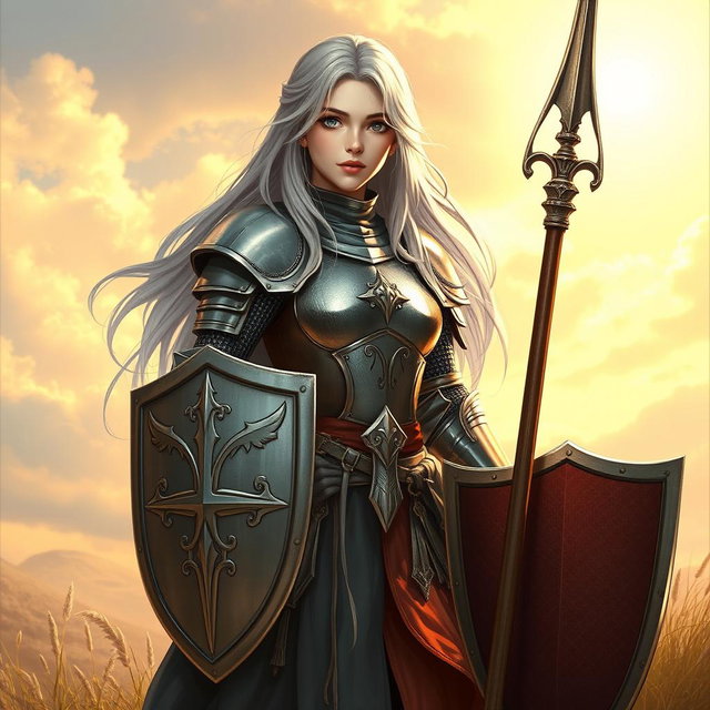 A beautiful human girl cleric with long ash grey hair, wearing medium armor, holding a shield in one hand and a one-handed spear in the other