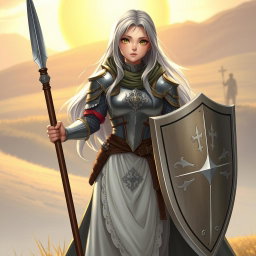 A beautiful human girl cleric with long ash grey hair, wearing medium armor, holding a shield in one hand and a one-handed spear in the other