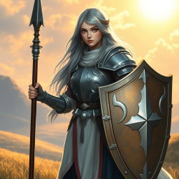 A beautiful human girl cleric with long ash grey hair, wearing medium armor, holding a shield in one hand and a one-handed spear in the other