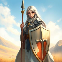 A beautiful human girl cleric with long ash grey hair, wearing medium armor, holding a shield in one hand and a one-handed spear in the other