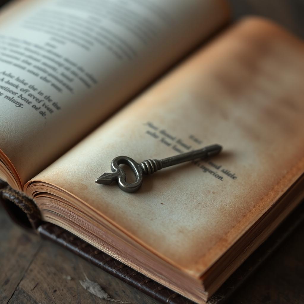 A close-up portrait image of a simple old key resting on a dusty leather-covered book