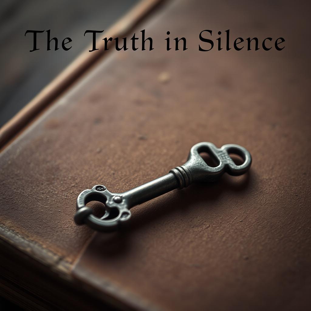 A close-up portrait image of a simple old key resting on a dusty leather-covered book