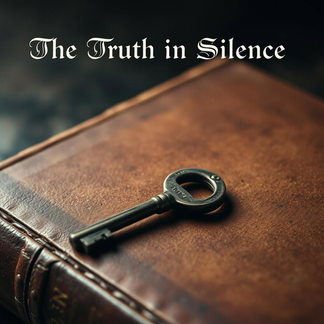 A close-up portrait image of a simple old key resting on a dusty leather-covered book