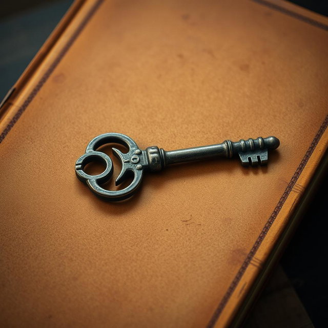 A close-up portrait image of a simple old key resting on a dusty leather-covered book