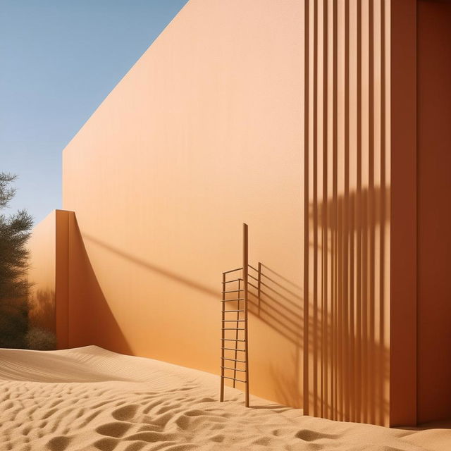 Ultra detailed architecture photograph featuring a Japandi style minimalist wall, painted with subtle and zen-inspired colors, with a contrasting texture of sand and a minimalist modern ladder leaning against it.