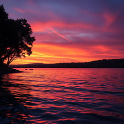 A beautifully edited photograph showcasing a vibrant sunset over a serene lake, with soft, rippling water reflecting the warm hues of orange, pink, and purple