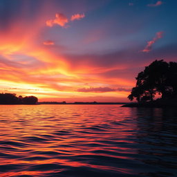 A beautifully edited photograph showcasing a vibrant sunset over a serene lake, with soft, rippling water reflecting the warm hues of orange, pink, and purple