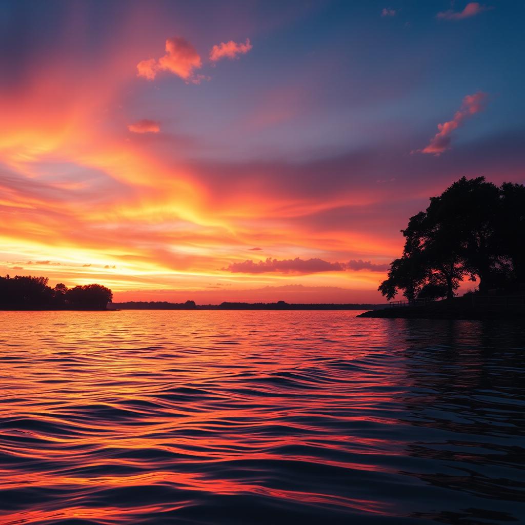 A beautifully edited photograph showcasing a vibrant sunset over a serene lake, with soft, rippling water reflecting the warm hues of orange, pink, and purple