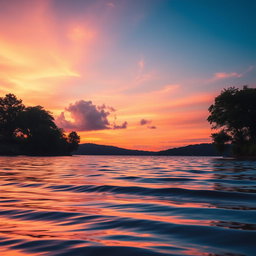 A beautifully edited photograph showcasing a vibrant sunset over a serene lake, with soft, rippling water reflecting the warm hues of orange, pink, and purple