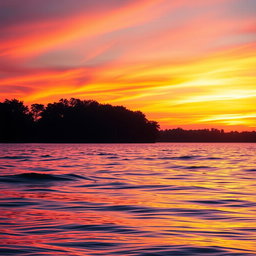 A beautifully edited photograph showcasing a vibrant sunset over a serene lake, with soft, rippling water reflecting the warm hues of orange, pink, and purple
