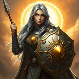A beautiful young woman cleric with long ash grey hair, dressed in ornate armor symbolizing her affiliation with the Knights Order of the Light to Sun