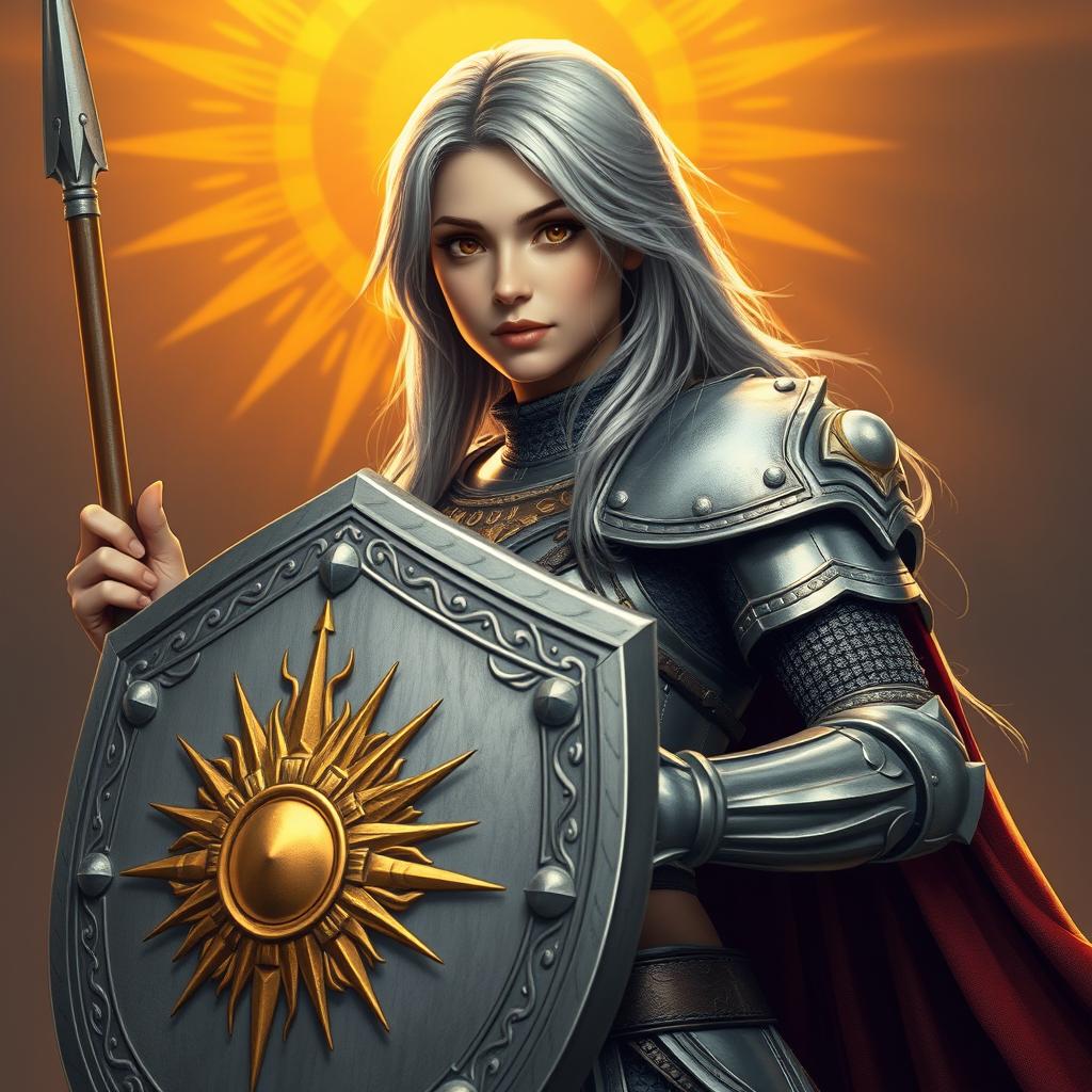 A beautiful young woman cleric with long ash grey hair, dressed in ornate armor symbolizing her affiliation with the Knights Order of the Light to Sun