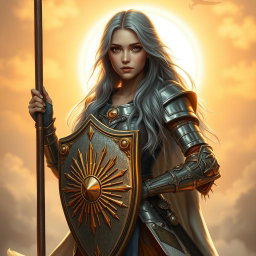 A beautiful young woman cleric with long ash grey hair, dressed in ornate armor symbolizing her affiliation with the Knights Order of the Light to Sun