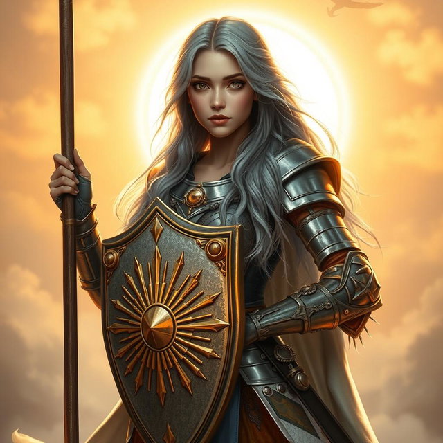 A beautiful young woman cleric with long ash grey hair, dressed in ornate armor symbolizing her affiliation with the Knights Order of the Light to Sun