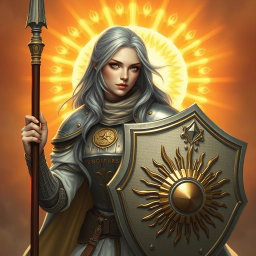 A beautiful young woman cleric with long ash grey hair, dressed in ornate armor symbolizing her affiliation with the Knights Order of the Light to Sun