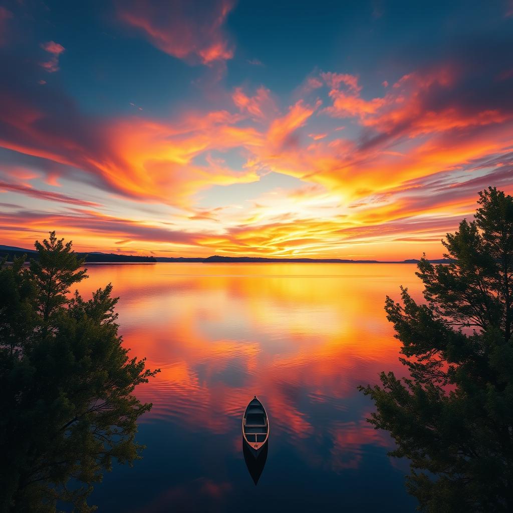 A tranquil landscape featuring a stunning sunset over a serene lake