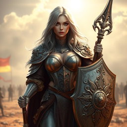 A human female cleric with long ash grey hair and an alluring presence, showcasing big breasts