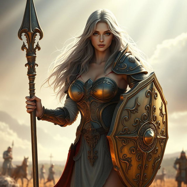 A human female cleric with long ash grey hair and an alluring presence, showcasing big breasts