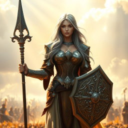 A human female cleric with long ash grey hair and an alluring presence, showcasing big breasts