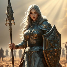 A human female cleric with long ash grey hair and an alluring presence, showcasing big breasts