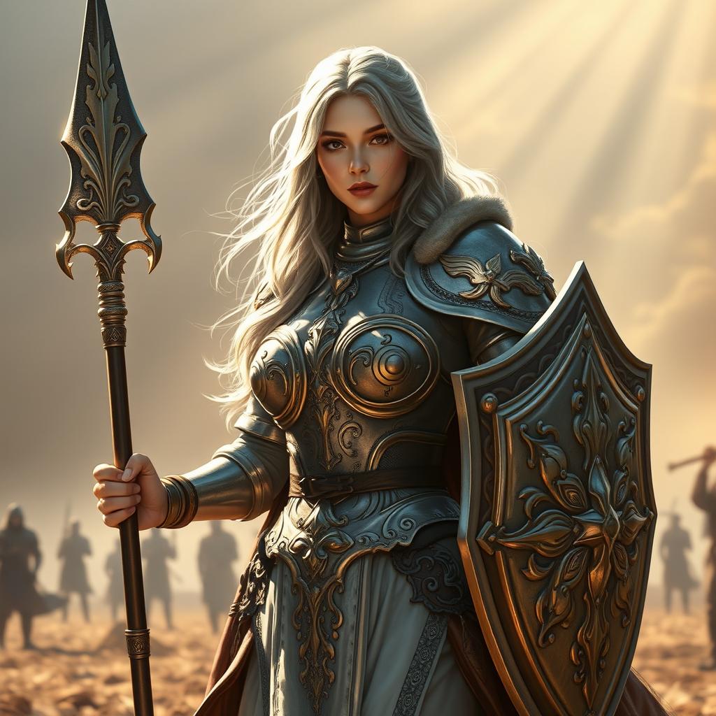 A human female cleric with long ash grey hair and an alluring presence, showcasing big breasts
