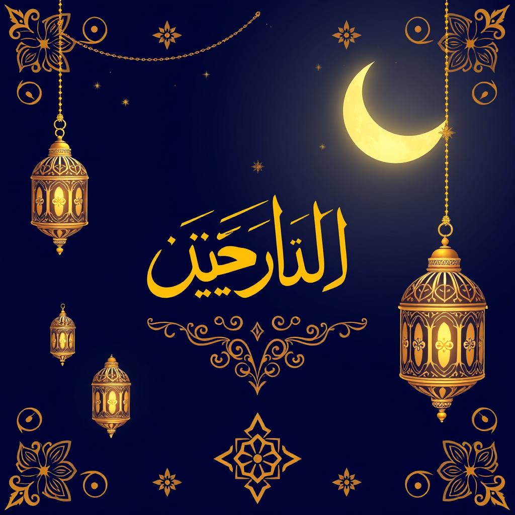 A beautiful Ramadan greeting card design featuring a dark blue background with a glowing crescent moon and a bright starry sky