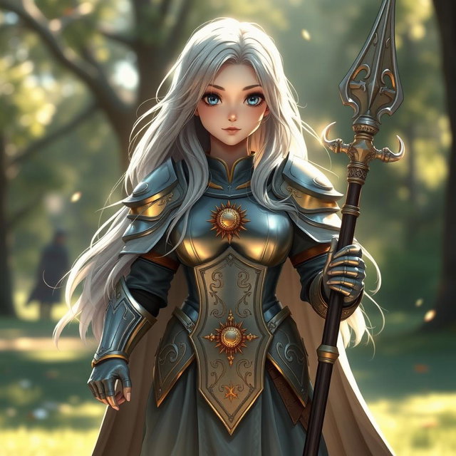 A shy human girl cleric with long, flowing ash grey hair, wearing armor adorned with sun motifs as a member of the Knights Order of Light