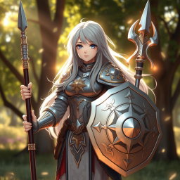 A shy human girl cleric with long, flowing ash grey hair, wearing armor adorned with sun motifs as a member of the Knights Order of Light