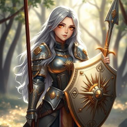 A shy human girl cleric with long, flowing ash grey hair, wearing armor adorned with sun motifs as a member of the Knights Order of Light