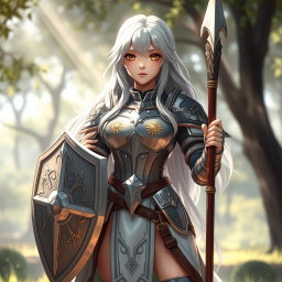 A shy human girl cleric with long, flowing ash grey hair, wearing armor adorned with sun motifs as a member of the Knights Order of Light