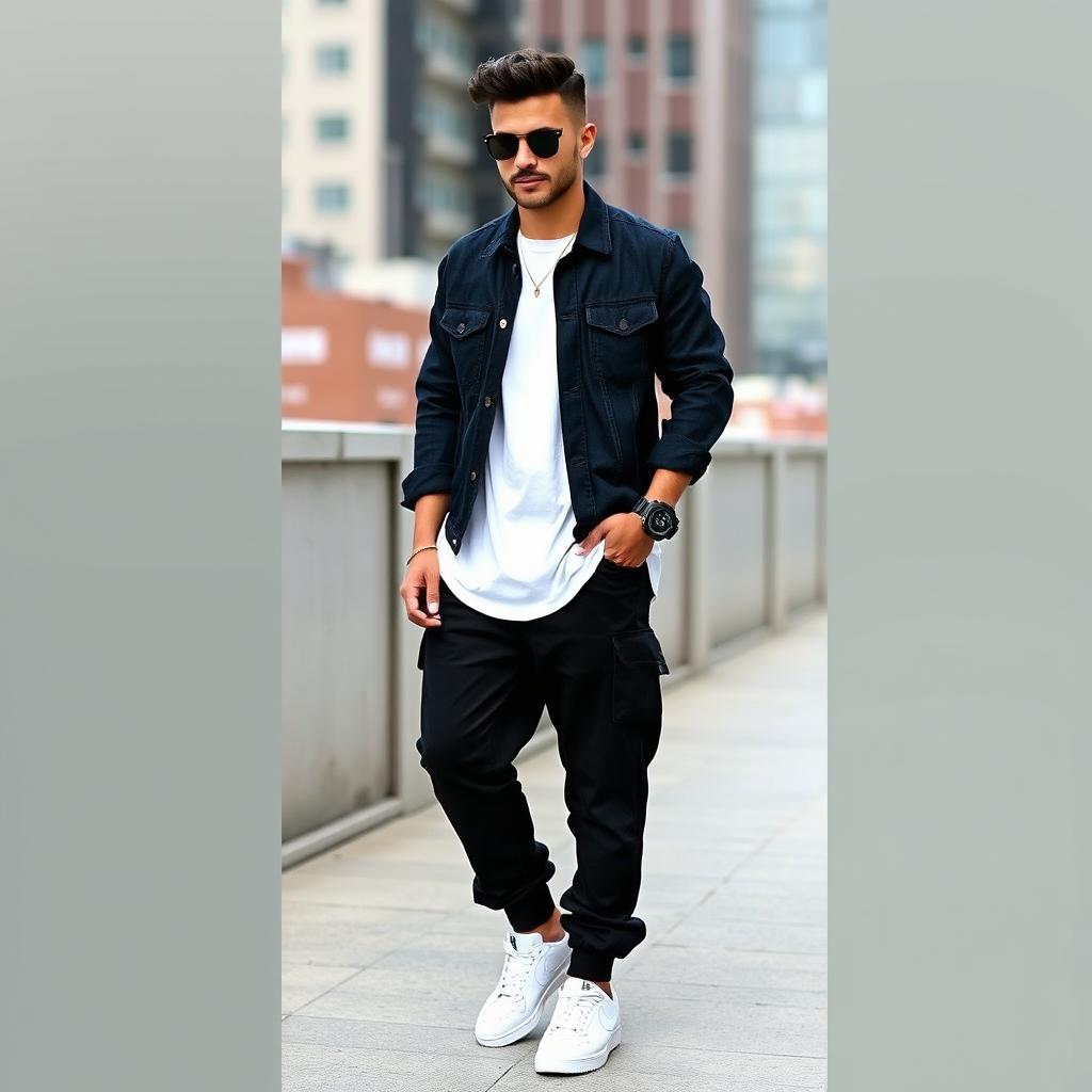 A stylish man wearing a dark navy denim jacket, black baggy jeans, a simple white t-shirt, and white Air Force sneakers