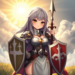 A cute human girl cleric with long ash grey hair, featuring big breasts, wielding a shield and a one-handed spear
