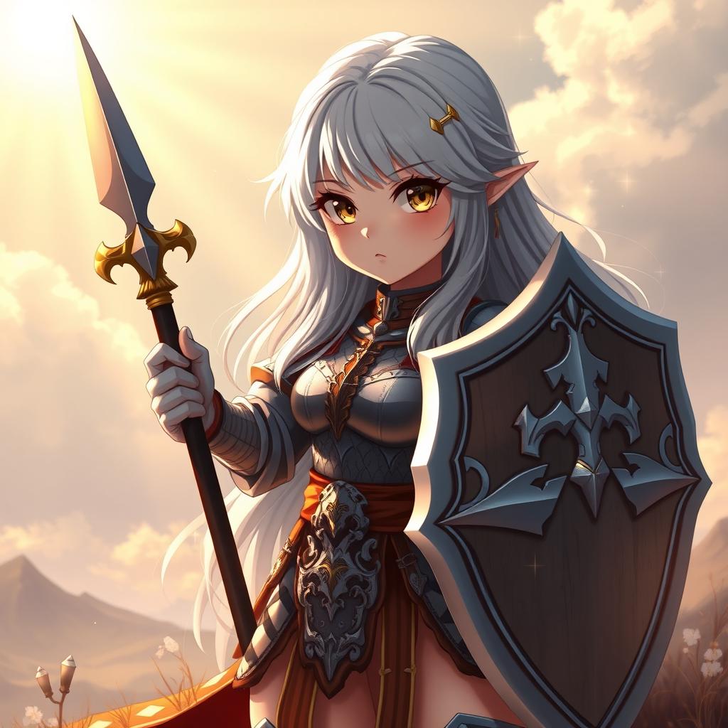 A cute human girl cleric with long ash grey hair, featuring big breasts, wielding a shield and a one-handed spear