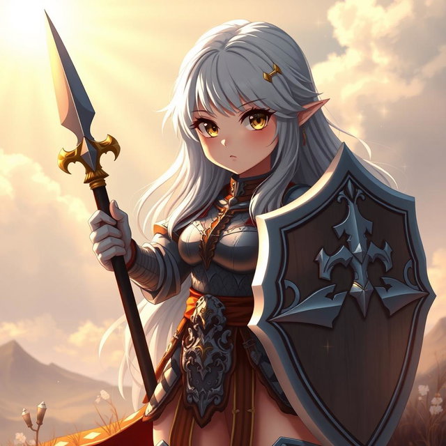 A cute human girl cleric with long ash grey hair, featuring big breasts, wielding a shield and a one-handed spear