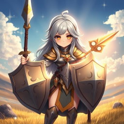 A cute human girl cleric with long ash grey hair, featuring big breasts, wielding a shield and a one-handed spear