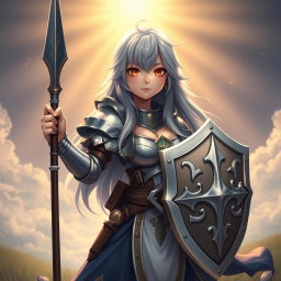 A cute human girl cleric with long ash grey hair, featuring big breasts, wielding a shield and a one-handed spear