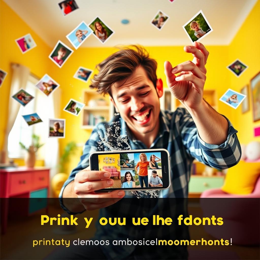 A humorous advertisement illustrating a unique twist on the concept of spring cleaning, where instead of cleaning a house, a person is vigorously shaking and cleaning a smartphone