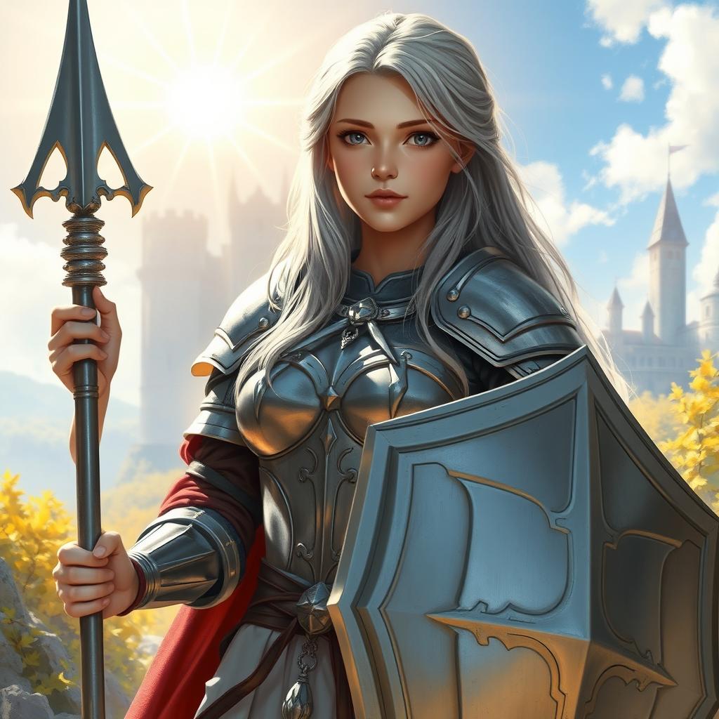 A realistic portrayal of an innocent human girl cleric belonging to a knights' order dedicated to the light of the sun