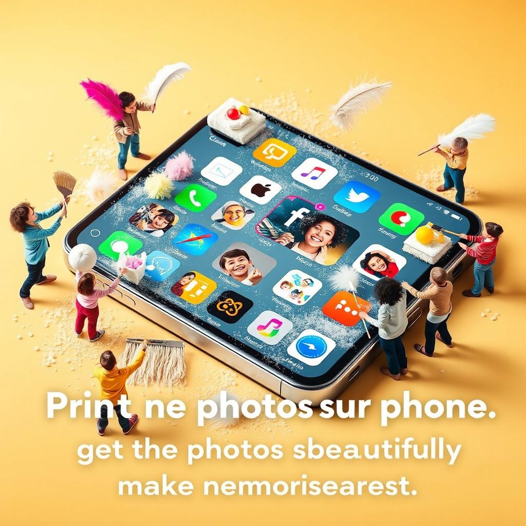 An imaginative and humorous advertisement concept depicting a large smartphone being vigorously cleaned by cheerful people as if it were a house